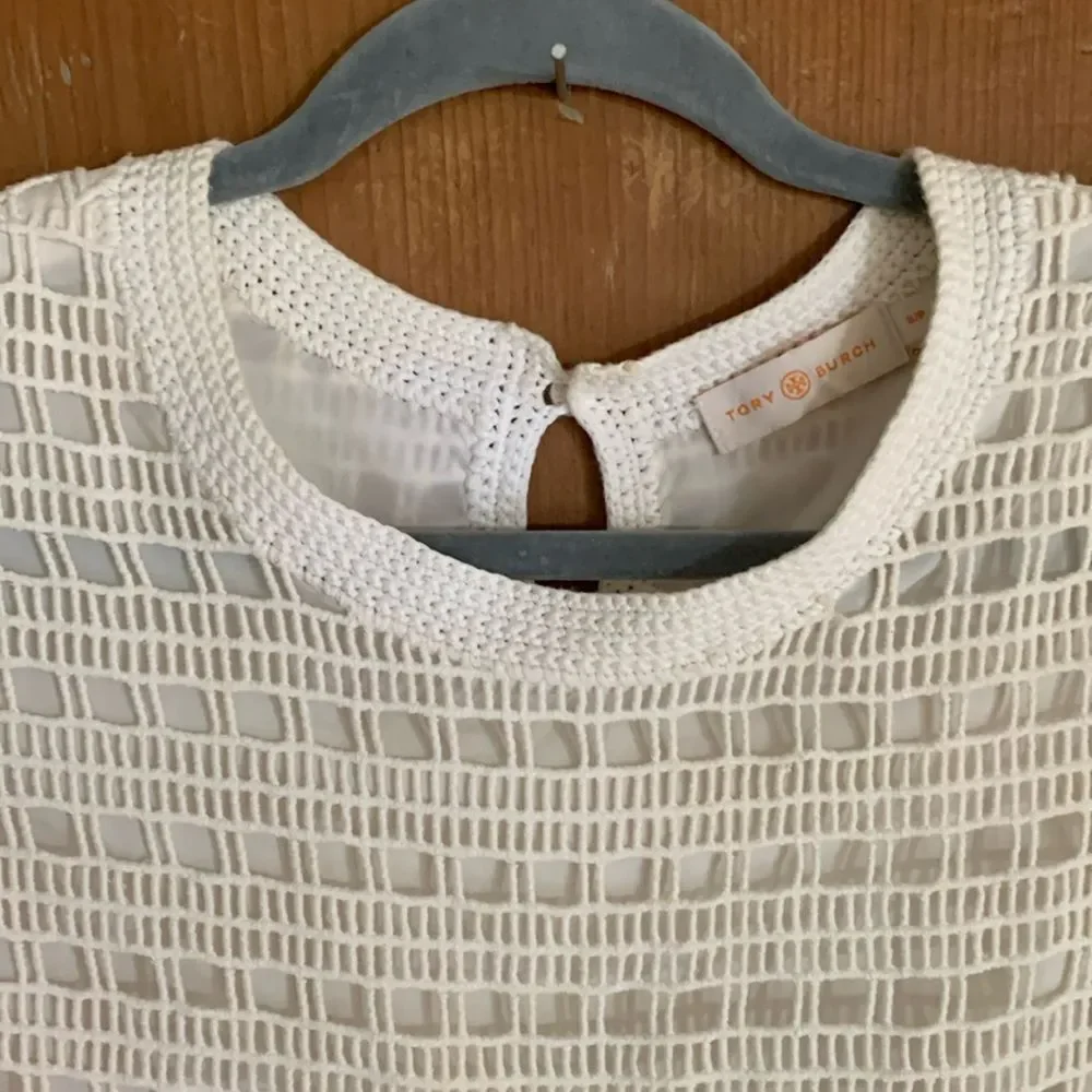 Tory Burch white crocheted short sleeve shift dress